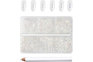 Beadsland 7200 Pcs Flatback Rhinestones for Nails,Transparent Round Small Crystal Glass Rhinestones Gems for Crafts,Mixed 6 Sizes with Wax Pencil Kit,SS3-SS10,Transparent AB