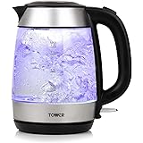 Tower T10040 Fast Rapid Boil Glass Kettle, Cordless with Easy Grip Touch Handle, Durable Schott Glass Body with Blue LED Illu