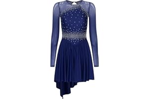 YiZYiF Women Adults Figure Ice Skating Dress Rhinestones Lyrical Dance Costume Keyhole Back Ballet Dance Leotard Dress