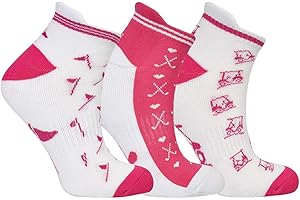 Surprizeshop Ladies Golf Socks (3 Pack) | Cushioned Sole | Extended Tab at rear | One Size UK 4-7 | Compression Fit for Support & Comfort | Womens Golf Socks… (Pink and White)