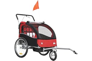 HOMCOM Remorque Velo Enfant 2 en 1 Poussette vélo bébé 2 Places avec Ceinture de sécurité 5 Points, réflecteurs, Drapeau et Rideau Coupe-Vent, Charge 40 Kg