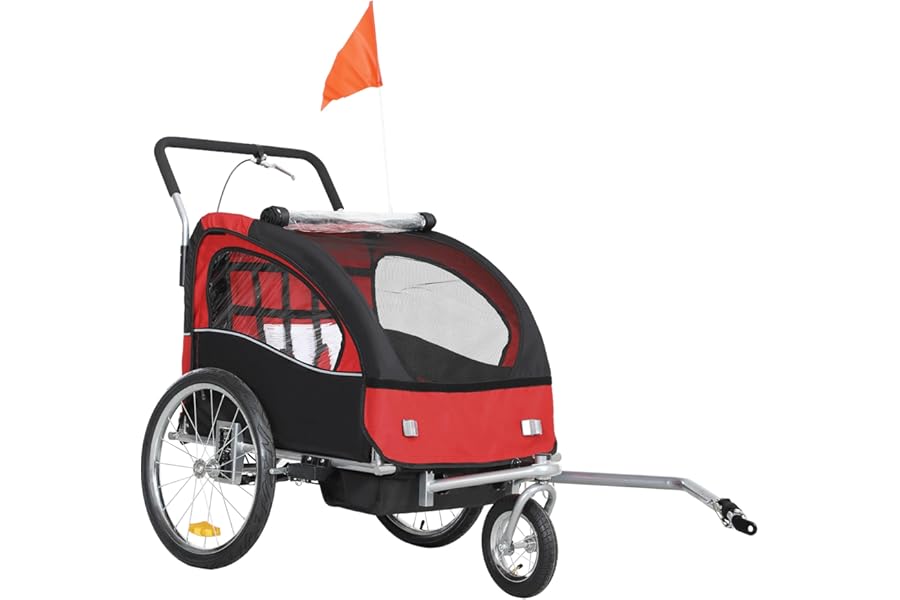 HOMCOM 2 Seat Bike Trailer for Kids, Baby Bike Stroller with 5 Point Harness, Child Bicycle Trailer with Safety Flag, Reflectors, Windproof Curtain, for 18+ Months, Red