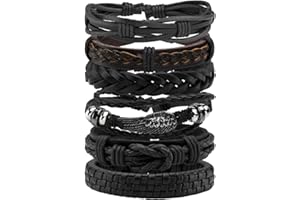 Eigso 6Pz Bracciale Intrecciata Pelle PU Uomo Donna Regolabile Bracciale Fascia Retro Vintage Nero