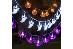 NEXVIN Halloween Deko, 3 Stück Halloween Lichterkette Batterie 3 Meter 20 LED Orange Kürbisse, Lila Fledermäuse, Weiße Geister Lichterkette für Außen Innen Halloween Garden Deko