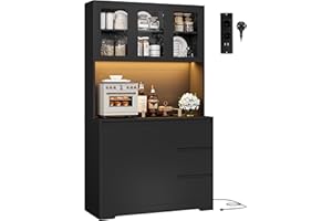 FirFurd Buffet Cuisine Meuble Cuisine Rangement avec LED Multiprises Vaisselier avec Étagère Réglable 5 Portes 3 Tiroirs 180x100x38.5cm Noir