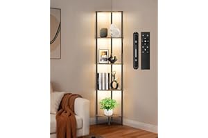 OUTONLIFE 5 Tier Floor Lamp with Shelves, LED Light, Touch & Remote Control, 3 Color Temperature, Dimmable Tall Corner Standing Bookshelf, Small Narrow Display Shelf for Living Room, Bedroom, Office