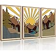 CHDITB 3pcs Large Mountain Forest Framed Poster,Boho Geometric Mountain Landscape Wall Art,Wooden National Park Artwork Decor,Modern Sun Forest Wall Decorations for Bedroom Living Room,16"x 24"
