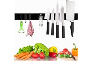 IHS Heavy Duty Kitchen Magnetic Knife Holder for Wall No Drill- Strong Stainless Steel Knife Magnetic Strip with Additional Hooks-Multipurpose Magnetic Strip for Knives, Tools & Utensils (30 CM)