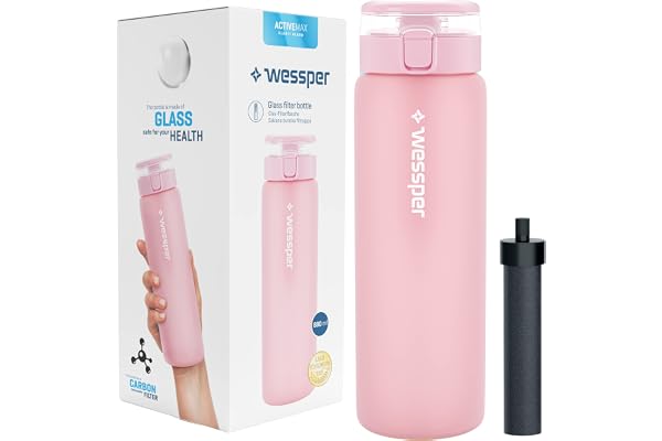 Wessper Gourde filtrante en verre borosilicate - 680 ml - Sans BPA - Avec filtre pour boissons gazeuses - Bouteille filtrante d'extérieur - Avec paille à charbon actif - Rose