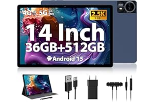 RUSHAR Newest Tablet 14 Pollici Android 15 con 36GB RAM + 512GB ROM (1TB TF), 4G LTE/SIM+5G WiFi, 11580mAh | 2240 * 1400HD | Octa-Core 2.0GHz |13MP+8MP | Face ID | BT 5.0, Tablet con Fondina, Blu