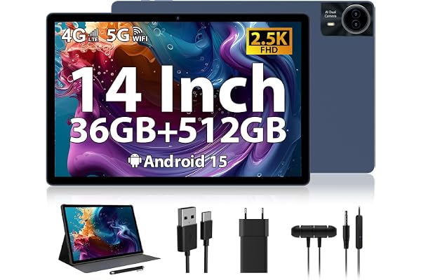 RUSHAR Tablette 14 Pouces Android 15 avec 36Go RAM + 512Go ROM (1TB TF), 4G LTE/SIM+5G WiFi, 11580mAh | 2240 * 1400HD | Octa-Core 2.0GHz | 13MP+8MP | Face ID | BT 5.0, Tablette avec étui, Blu