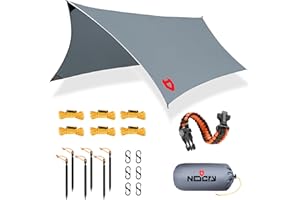 Rain Fly by NoCry 3 x 3,65 m Lightweight Camping Tarp; 100% Waterproof; Makes a Great Backpacking Tarpaulin, Basha or Hammock Shelter; with Survival Bracelet; Grey
