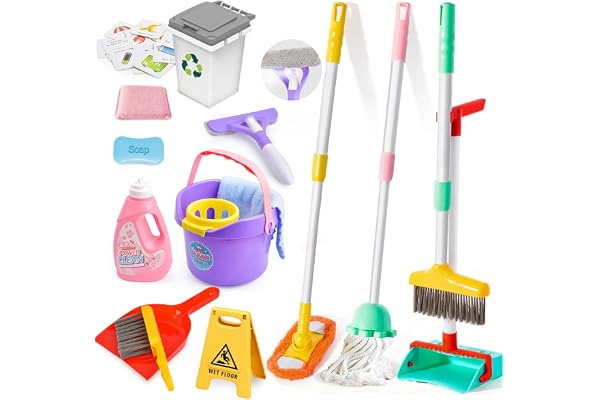 Kit de Nettoyage pour Enfants ,15 pièces de Jouets ménagers Set de Jeux de rôle, pour Les Tout Petits avec Balai Vadrouille Plumeau Pelle Brosses Chiffon,Nettoyage et ménage Jouets De Cadeau 3 Ans+