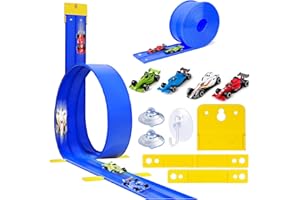 Poudya Autobahn-Spielzeugautorennbahn, Aufrollbare Flexible Rennstrecke mit 4 Autos & Dual Rampen, Tragbare Geschwindigkeitsstrecke für 1/64 Modelle, Kinderfreundlich ab 3+