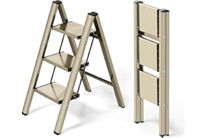 Ladnamy Escalera 3 Peldaños Escalera Plegable de Aluminio Carga máxima 150 kg Taburete PortáTil (Champán Dorado)