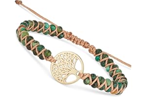 BENAVA Bracelet de Yoga Femme Jaspe Perles de Pierres Précieuses avec Pendentif Arbre de Vie Vert | Bracelet de Pierres Précieuses Méditation | 16-24 cm