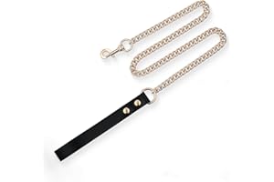 ADEMISHIA Durable Aluminum Chain Dog Leash, 38 Inches Metal Dog Leash with Leather Handle for Collars