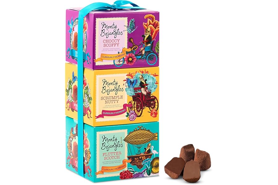 Monty Bojangles Cocoa Dusted Truffles Gift Tower (3 x 100g Pack)- 3 Luxury Chocolate Truffle Boxes - Choccy Scoffy, Scrumple Nutty & Flutter Scotch- The Perfect Chocolate Gift Box Selection