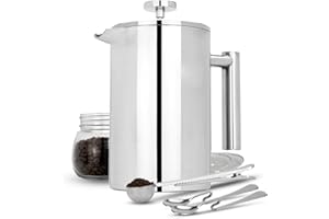 MAISON & WHITE French Press Cafetiere | 1500ml Stainless Steel Coffee Press | Filters/Measuring Spoons/Bag Clip | Double Walled Insulation | 7pc Coffee Gift Set | M&W