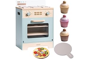 ROBUD Drewniany piec dziecięcy, zestaw kuchenny dla dzieci z babeczkami, pizzą, tacą dla chłopców i dziewczynek