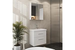 ‎PLANETMÖBEL Planetmöbel Badmöbel Set Waschtisch mit Unterschrank 63 x 60 x 36,5 cm, Spiegelschrank 60 cm mit LED-Leuchte (schwarz matt) & Steckdose, Moderne Badezimmer Möbel, Weiß
