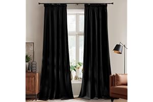 PONY DANCE Pencil Pleat Black Velvet Curtains - Thermal Blackout Curtains for Living Room/Bedroom/Nursery 2 Panels of Luxury Rod Pocket Velvet Drapes, 52x84 Inch