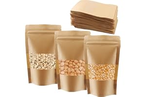 PUCSIQ 100 Kraftpapiertüten,12 x 20 cm Standbeutel Kraftpapier, wiederverwendbare Papiertüten mit Fenster, Druckverschlussbeutel Braune Beutel mit Boden, für Verpackung Schmuck, Süßigkeiten,Geschenken