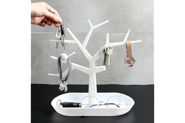 wolpin Plastic Tree Key Holders With Tray For Dressing Table Home Decor Hallway Multiple Key Hanger,Watch Holder Decorative Storage Box,White