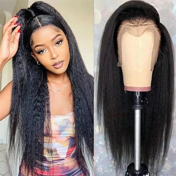 Kinkystraight Echthaar-Perücke Mit Lace Front – 33x10 Cm, Schwarz, 100% Brasilianisches Haar