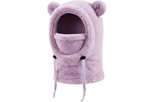 DRESHOW Balaclava Thermal Kids Windproof Fleece Ski Balaclava Winter Neck Warmer Hood Ski Fleece Hat with Cute Fluffy Ears for Girls Cycling Skating Hiking Outdoor Above Age 3 and Under Age 10