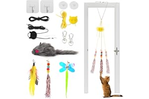TOPBELIEF Juguetes para Gatos Puerta, Juguetes con Plumas para Gatos con Campana, Juguete Gatitos Interactivos para Interior, Juguete para Colgar Gato con Gatos, Ratones, Plumas, Gusano, Libélula 4 Piezas