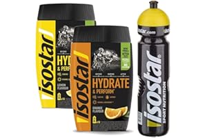 ‎ISOSTAD Isostar Hydrate & Perform Iso Drink – 400 g isotonisches Getränkepulver – Elektrolyt Pulver zur Unterstützung der sportlichen Leistungsfähigkeit – Orange + Zitrone + 1 Liter Flasche, 2x400g, 1x1000ml