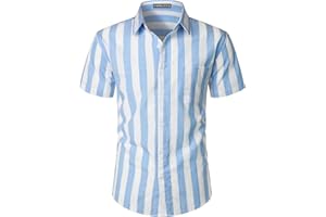 PARKLEES Camicia estiva da uomo casual in cotone e lino a righe con bottoni a maniche corte
