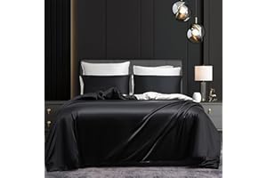 Gezu Copripiumino in raso nero, bianco, tinta unita, double face, 200 x 200 cm, set da letto matrimoniale, raso di seta, liscio, biancheria da letto con 2 federe 65 x 65 cm, con cerniera