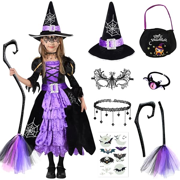 Costume De Sorcière Pour Fille - Robe, Chapeau, Baguette Magique, Collier (violet), Taille S- XL, 3-12 Ans