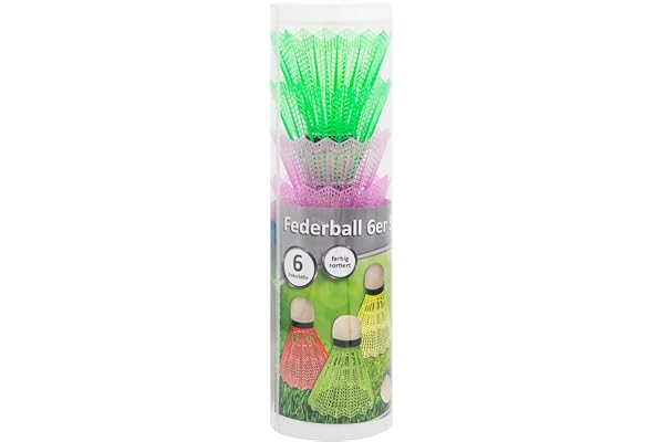 Idena 40466 - Volants de badminton en plastique avec pointe en mousse, 6 pièces, couleurs assorties, dans une boîte de transport ronde, accessoires de rechange pour tous les jeux de badminton.