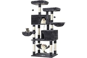 MSmask - Arbre à chat stable à plusieurs niveaux - Pour grands chats - Avec grande grotte, troncs en sisal naturel - Gris foncé - 145 cm