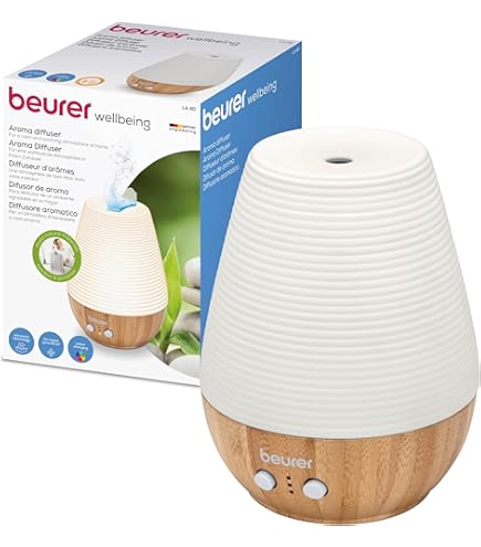 Beurer LA 45 Aroma Diffuser für ätherische Öle, 2-stufiger Ultraschall-Vernebler zur Aromatherapie, Stimmungslicht in 9 Farben, Keramikgehäuse & Holzdeckel, mit Timer & Abschaltautomatik, bis 20m2