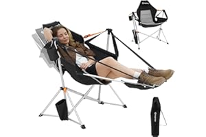 ‎KINGCAMP KingCamp Składane krzesło kempingowe z podnóżkiem, aluminiowe krzesło hamakowe z podnóżkiem, regulowane oparcie z poduszką, uchwyt na napoje, krzesło ogrodowe na zewnątrz, do podróży