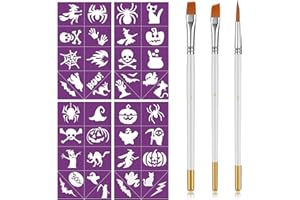 TENARE 4 Stencil per Pittura di Halloween per Bambini con 3 Pennelli in Nylon - Matrici per Disegno di Zucca, Strega, Teschio - Decorazione Fai da Te