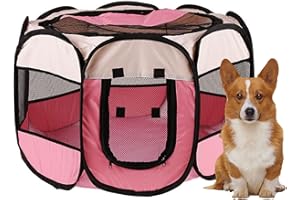MYKOMI Portable Foldable Pet Playpen + Carrying Bag+Travel Bowl Available Exercise Pet Kennel Indoor/Outdoor Removable Mesh Shade Cover Water Resistant for Dogs/Cats Pink M(35x35x24in)