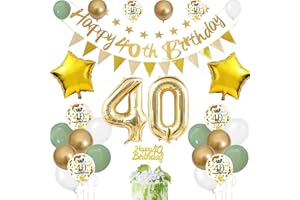 FEYG 40th Birthday Decoration for Men Women, Sage Green White Gold 40th Birthday Balloons with Happy 40th Birthday Banner Cake Toppers Triangle Flag Number 40 Balloons for 40 Year Old Birthday Decorations