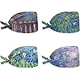 Frestree Van Gogh Painting Gourd-Shaped Working Cap Flower Pattern Scrub Hat for Women Men Unisex, with Sweatband Adjustable Tie Back, One Size, Spa Hats Shopping Traveling Headwear, 4 Pcs Set