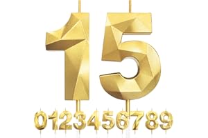 LFWZRY Bougies d'anniversaire pour 15 ans, Numéro d'anniversaire Bougies Doré, 3D Bougies de Gâteau D'anniversaire Décoration, Bougies D'anniversaire, Décorations de Gâteau pour Fête D'anniversaire, Mariage