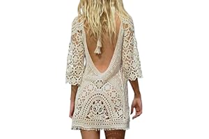 heekpek Mujer Pareos Playa Traje de Baño Vestido de la Playa Bikini Cover up Camisola de Playa Larga Mangas V-Cuello Hueco Borlas Vestido de Kaftan Crochet Pareos
