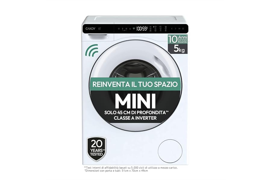 Candy ProWash 700 Mini, Slim Washing Machine 5 kg, Class A, 1151 RPM, Smart Spray, BPM Inverter Motor, Wi‑Fi + Bluetooth, 12 Programs, Quick 15', Antibacterial Treatment, White CW50-BP12307WU-S