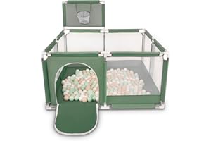 Selonis Parc Bébé Avec 100 Balles Plastiques Aire De Jeu Pliable Basket, Vert : Beige Pastel/Blanc/Menthe