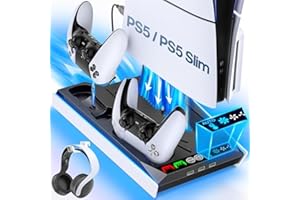 Tokluck PS5/PS5 PRO/Slim Ständer mit Automatisch Einstellbarer 3-Stufen-Lüfter für Alle PS5 Konsole, PS5 Standfuß und Controller Ladestation für PS5 & Edge Controller, PS5 Zubehörset