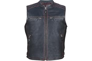 KEROZEN Gilet cuir moto homme motard- Biker Gilet en cuir vachette naturel pleine fleur - Gilet cuir vintage zippé homme - Veste cuir sans manches avec sangles latérales réglage taille