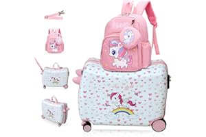 R.Leone Valigia Cavalcabile per Bambina Ryanair 55x40x20 cm + 30x23x14cm Set 2 Pezzi Trolley Bagaglio a mano 4 Ruote e Zaino 311 (Unicorno, Valigia 55x40x20cm+Zaino)